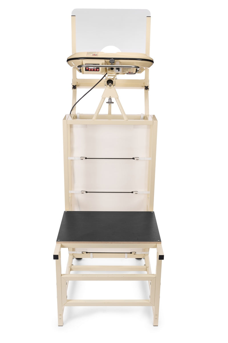 A beige ophthalmology device with an adjustable screen and chin rest, positioned above a black seat for eye examinations, features a sturdy design reminiscent of the Bola Bowling Machine Stand on Wheels by Bola, offering stability and ease of use during patient assessments.