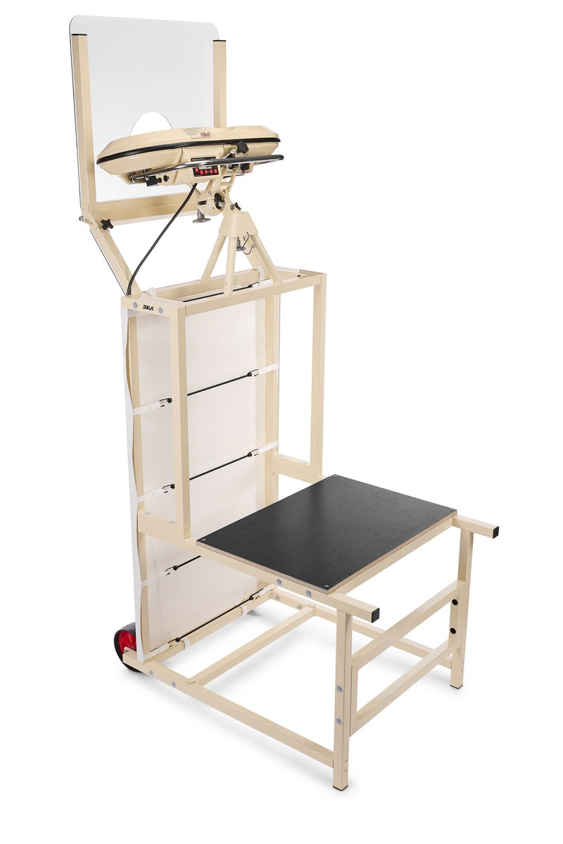 A beige medical device featuring a black seat, adjustable headrest, and arm supports—designed for eye or facial treatments—with wheels for mobility and a supportive back panel. Its stable, convenient structure resembles the Bola Bowling Machine Stand on Wheels by Bola.