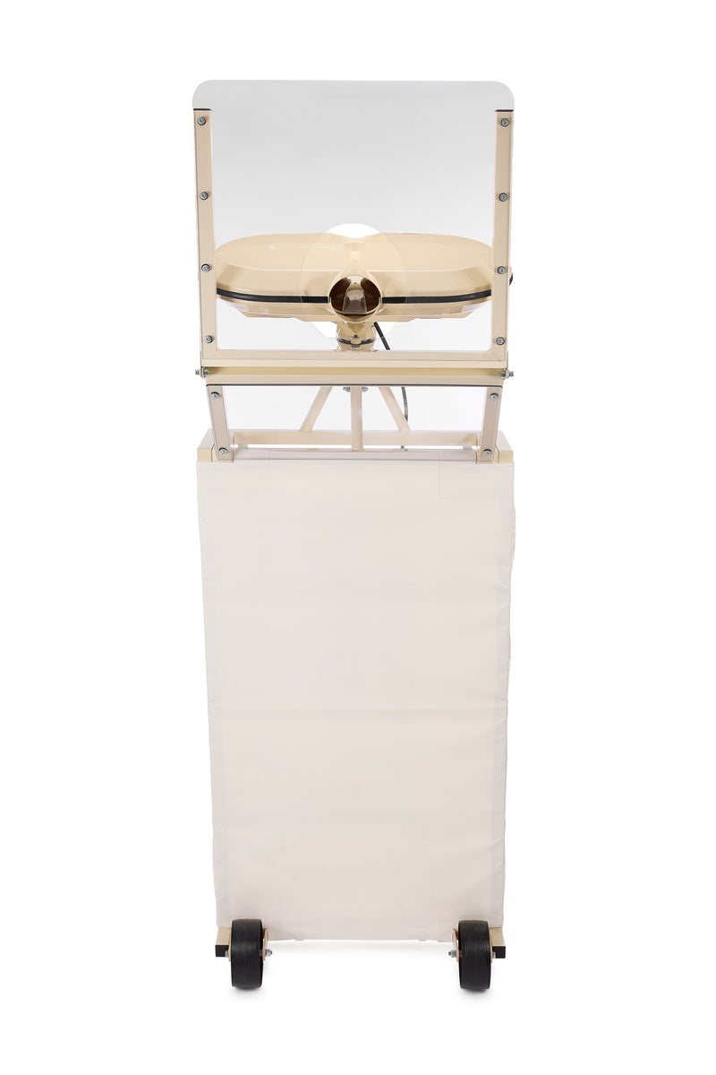 A clear protective barrier with a round opening, mounted on the Bola Bowling Machine Stand on Wheels by Bola, featuring a white fabric panel below, designed for safe interaction or medical applications.
