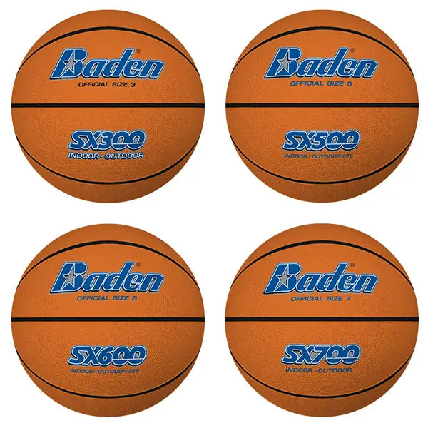 Four Baden SX Tan Basketballs from Baden Sports are arranged in a grid, each labeled with a different model number: SX300, SX500, SX600, and SX700. All have a durable composite rubber cover and are designed for both indoor and outdoor play—perfect for recreational use. The brown Baden basketballs feature blue and white text for easy identification.