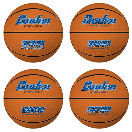 Four Baden SX Tan Basketballs from Baden Sports are arranged in a grid, each labeled with a different model number: SX300, SX500, SX600, and SX700. All have a durable composite rubber cover and are designed for both indoor and outdoor play—perfect for recreational use. The brown Baden basketballs feature blue and white text for easy identification.
