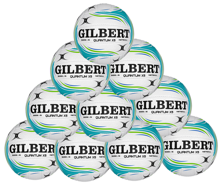 A pyramid stack of ten Gilbert Quantum X5 SZ5 Netballs, featuring blue and green swirl designs, ideal for high-performance indoor matches, arranged against a plain background.