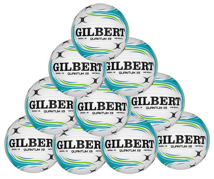 A pyramid stack of ten Gilbert Quantum X5 SZ5 Netballs, featuring blue and green swirl designs, ideal for high-performance indoor matches, arranged against a plain background.