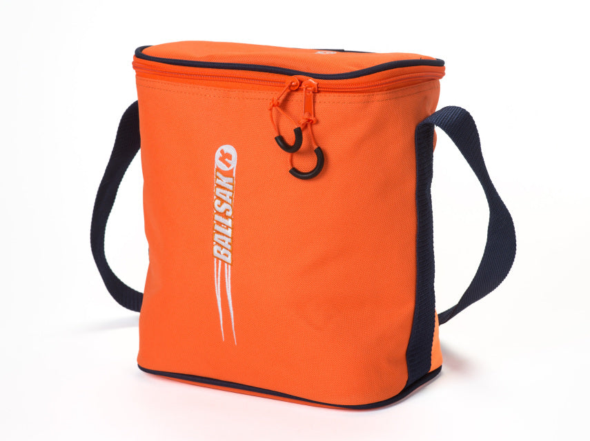 The Katchet BallSak by Katchet is an orange/navy insulated ball bag with black handles and a zipper, ideal for carrying hockey or cricket balls. "BALLSACK" and a bold white star logo are printed vertically on the front.