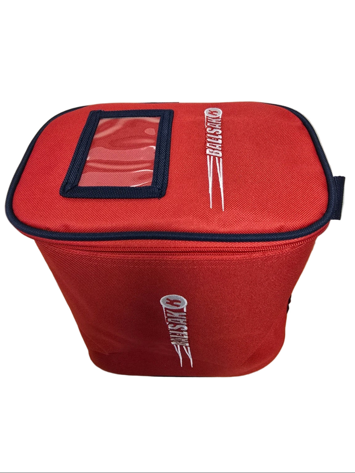 The Katchet BallSak by Katchet is a red insulated ball bag with navy trim, a clear plastic top window, and the Katchet logo in white—ideal for carrying hockey or cricket balls.