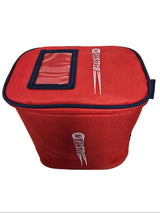 The Katchet BallSak by Katchet is a red insulated ball bag with navy trim, a clear plastic top window, and the Katchet logo in white—ideal for carrying hockey or cricket balls.