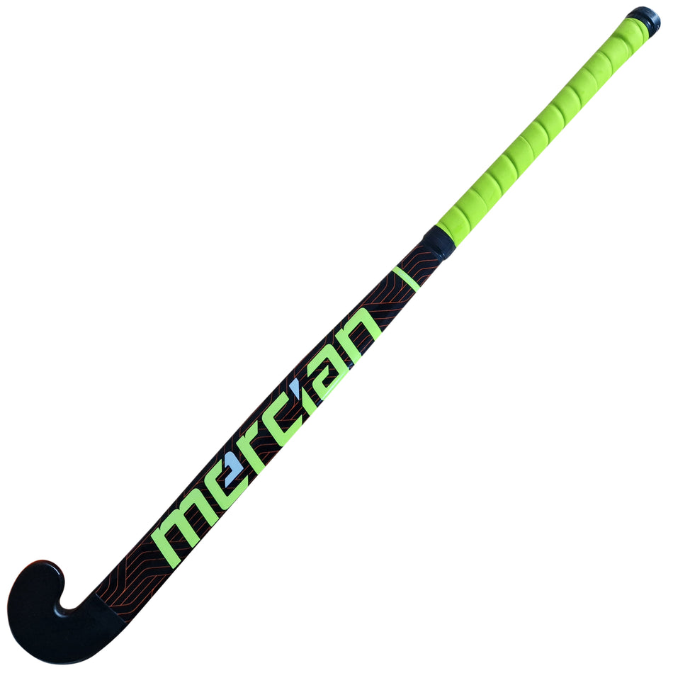 The Mercian Barracuda Plastic Hockey Stick features a neon green handle, bold branding along the shaft, and a black head—crafted from recycled plastic, it’s perfect for beginner players developing their hockey skills.