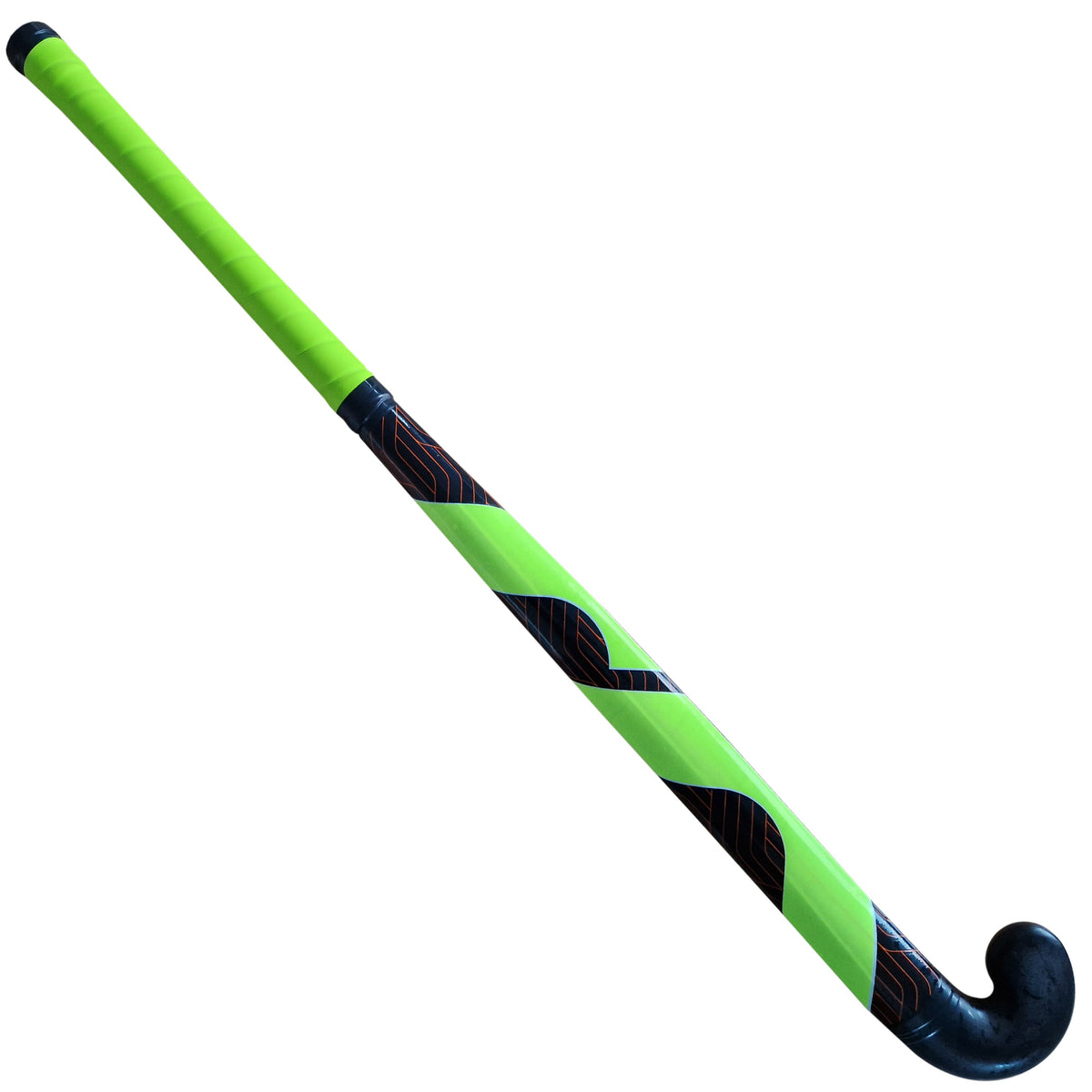 The Mercian Barracuda Plastic Hockey Stick is ideal for beginners, featuring a black curved head, green handle, and diagonal black and green stripes—perfect for development sessions.