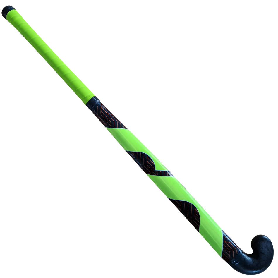 The Mercian Barracuda Plastic Hockey Stick is ideal for beginners, featuring a black curved head, green handle, and diagonal black and green stripes—perfect for development sessions.
