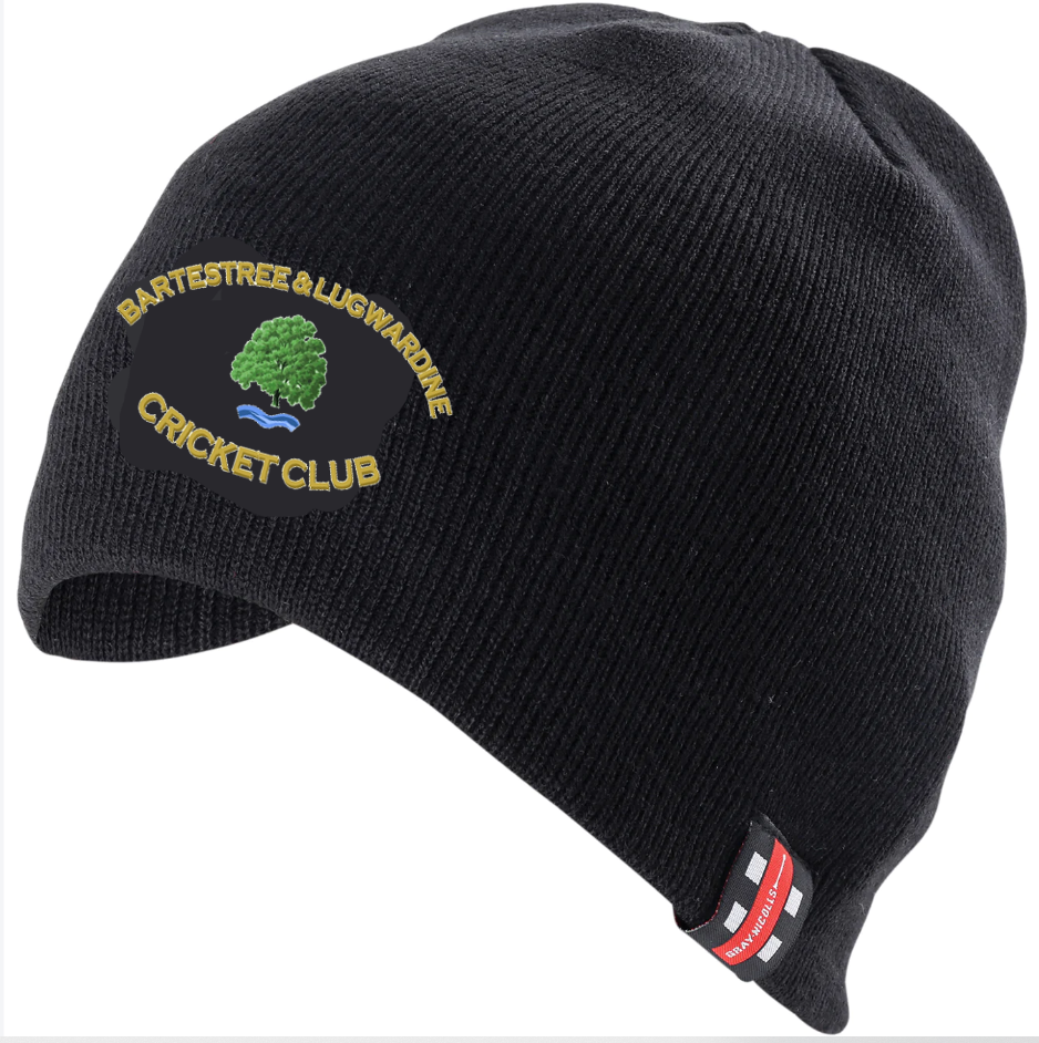 Stay warm on chilly days with the Bartestree & Lugwardine CC Black Beanie Hat by Gray Nicolls, featuring the cricket club logo and a green tree and river design, plus a small red and white patch near the brim.