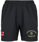 Bartestree & Lugwardine CC Ladies Velocity Shorts by Gray Nicolls feature an elastic waistband, a club logo with green tree on the right leg, and a red England flag patch on the left—ideal shorts for cricket fans.