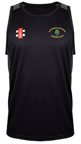 The Gray Nicolls Bartestree & Lugwardine CC Pro Performance Vest is a sleeveless black cricket training shirt with moisture-wicking fabric, a red and white logo on the right chest, and the club's yellow-green tree logo on the left.