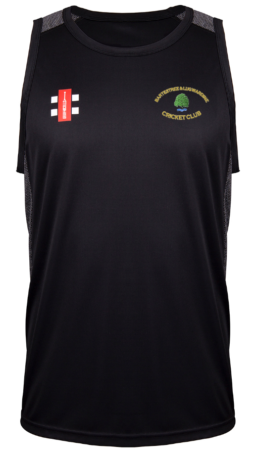 The Gray Nicolls Bartestree & Lugwardine CC Pro Performance Vest is a sleeveless black cricket training shirt with moisture-wicking fabric, a red and white logo on the right chest, and the club's yellow-green tree logo on the left.
