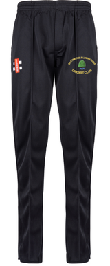 Gray Nicolls Bartestree & Lugwardine CC Matrix V2 Black Match Trousers feature a yellow club logo on the right thigh and a small red and white label on the left thigh, displayed against a white background.