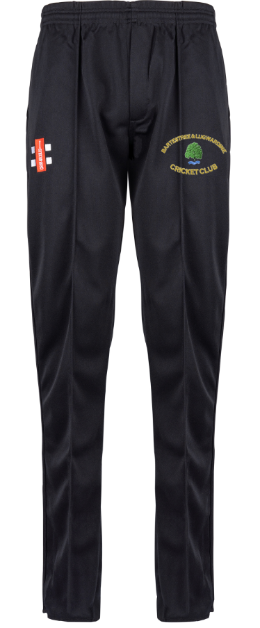 Gray Nicolls Bartestree & Lugwardine CC Matrix V2 Black Match Trousers feature a yellow club logo on the right thigh and a small red and white label on the left thigh, displayed against a white background.