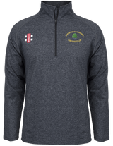 The Gray Nicolls Bartestree & Lugwardine CC Velocity Mid Layer is a dark grey, long-sleeve quarter-zip top with a logo on the right chest and club text plus tree graphic on the left, made from moisture-wicking fabric.