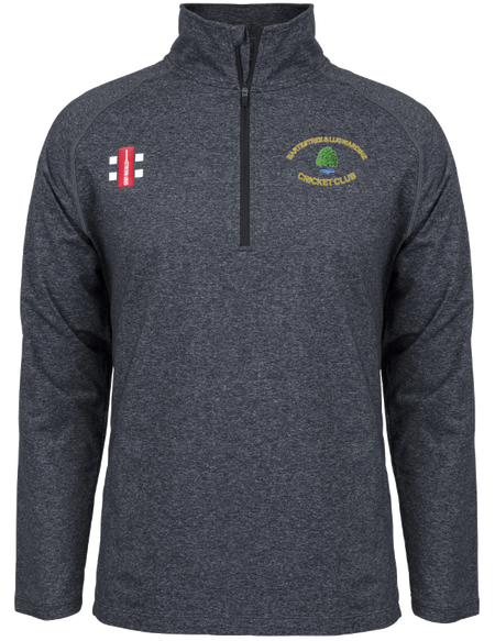 The Gray Nicolls Bartestree & Lugwardine CC Velocity Mid Layer is a dark grey, long-sleeve quarter-zip top with a logo on the right chest and club text plus tree graphic on the left, made from moisture-wicking fabric.