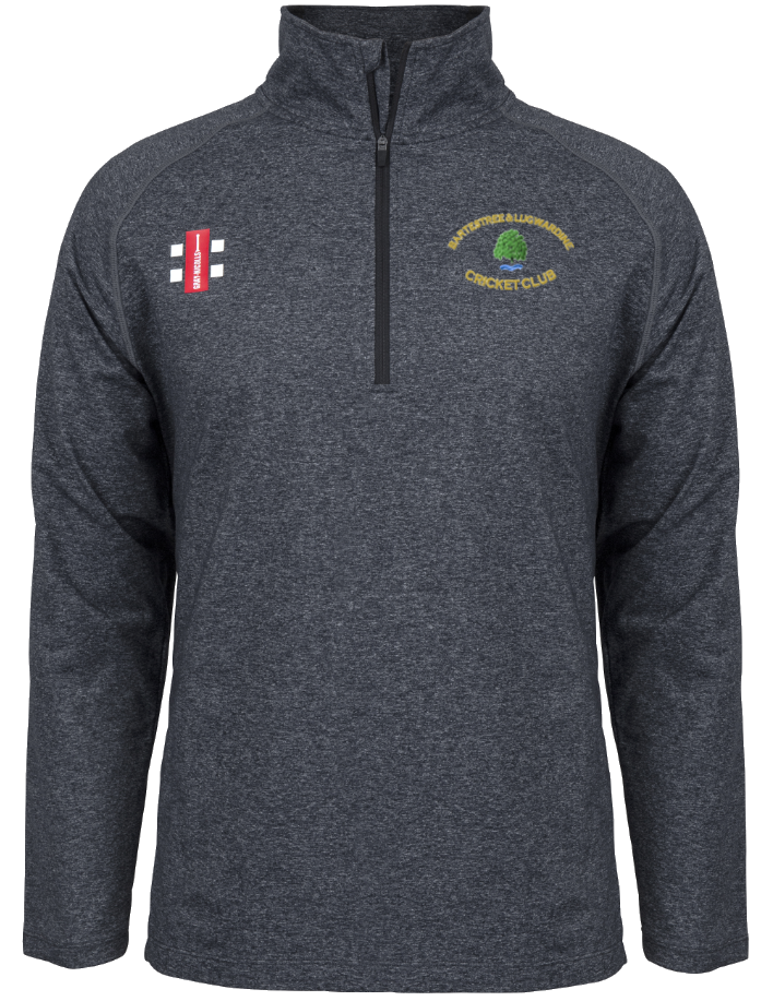 The Gray Nicolls Bartestree & Lugwardine CC Velocity Mid Layer is a dark grey, long-sleeve quarter-zip top with a logo on the right chest and club text plus tree graphic on the left, made from moisture-wicking fabric.