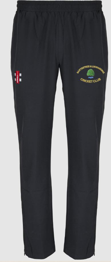 Navy blue Bartestree & Lugwardine CC Velocity Track Trouser by Gray Nicolls with four-way stretch, elastic waistband, club crest on the right thigh, and a small England flag emblem on the left thigh for an athletic fit.