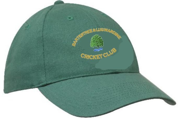 The Bartestree & Lugwardine CC Green Cricket Cap by Gray Nicolls is made from 100% polyester, features the club name in yellow and a tree above a blue wave on the front, and offers an adjustable fit for comfort.