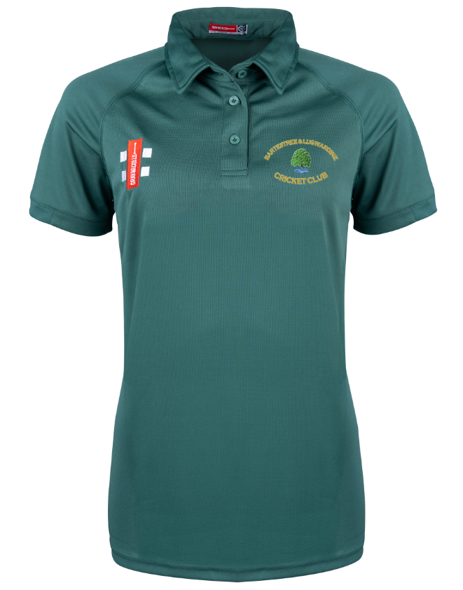 The Gray Nicolls Bartestree & Lugwardine CC Matrix V2 Ladies Polo Shirt features a green short-sleeve design with a collar, yellow club logo and text on the left chest, sponsor logos on the right, button-up neck, and moisture-wicking fabric for training.