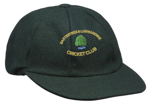 The Bartestree & Lugwardine CC Traditional Cap by Hunts County is a dark green cricket cap with the club’s embroidered yellow logo featuring BARTESTREE & LUGWARDINE CRICKET CLUB, a green tree, and blue water—ideal for all players and supporters.