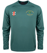 Train in comfort with the Gray Nicolls Bartestree & Lugwardine CC Matrix V2 Long Sleeve T-Shirt, featuring moisture management. This green cricket jersey displays the club logo on the left chest and two sponsor logos on the right.