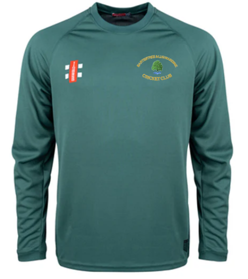 Train in comfort with the Gray Nicolls Bartestree & Lugwardine CC Matrix V2 Long Sleeve T-Shirt, featuring moisture management. This green cricket jersey displays the club logo on the left chest and two sponsor logos on the right.