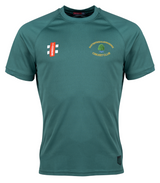 A green short-sleeved Bartestree & Lugwardine CC Matrix V2 T-Shirt by Gray Nicolls, featuring an embroidered club logo on the left chest and a red sponsor logo with white text on the right, from the Gray Nicolls training apparel range.