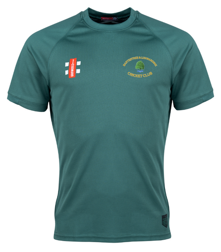 A green short-sleeved Bartestree & Lugwardine CC Matrix V2 T-Shirt by Gray Nicolls, featuring an embroidered club logo on the left chest and a red sponsor logo with white text on the right, from the Gray Nicolls training apparel range.