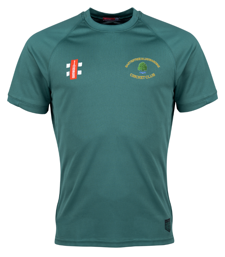 A green short-sleeved Bartestree & Lugwardine CC Matrix V2 T-Shirt by Gray Nicolls, featuring an embroidered club logo on the left chest and a red sponsor logo with white text on the right, from the Gray Nicolls training apparel range.