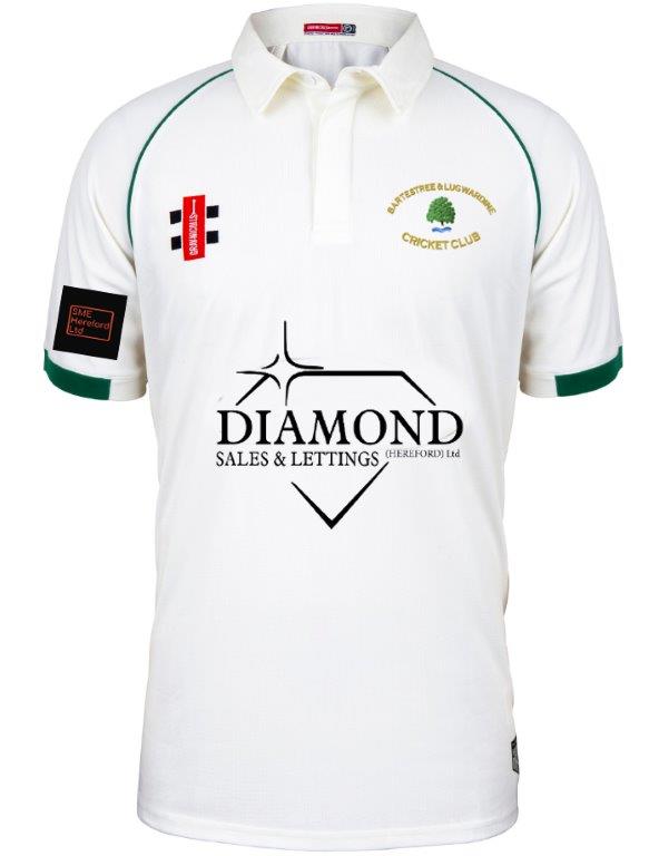 The Gray Nicolls Bartestree & Lugwardine CC Matrix V2 Short Sleeve Match Shirt is white with green trim, made of breathable, moisture-wicking fabric, and features club and sponsor logos on the sleeves and chest.