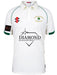 The Gray Nicolls Bartestree & Lugwardine CC Matrix V2 Short Sleeve Match Shirt is white with green trim, made of breathable, moisture-wicking fabric, and features club and sponsor logos on the sleeves and chest.