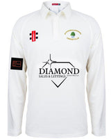 The Gray Nicolls Bartestree & Lugwardine CC Matrix V2 Long Sleeve Cricket Shirt is a white, moisture-wicking cricket shirt with sponsor logos and club crests on the front and sleeves.