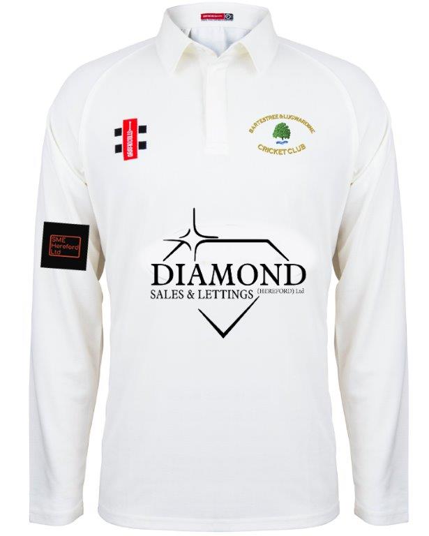 The Gray Nicolls Bartestree & Lugwardine CC Matrix V2 Long Sleeve Cricket Shirt is a white, moisture-wicking cricket shirt with sponsor logos and club crests on the front and sleeves.