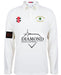 The Gray Nicolls Bartestree & Lugwardine CC Matrix V2 Long Sleeve Cricket Shirt is a white, moisture-wicking cricket shirt with sponsor logos and club crests on the front and sleeves.