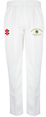 The Gray Nicolls Bartestree & Lugwardine CC Matrix V2 Cricket Trousers feature moisture-control fabric, a club logo on the right thigh, and a red and black patch on the left thigh in a modern tapered fit.