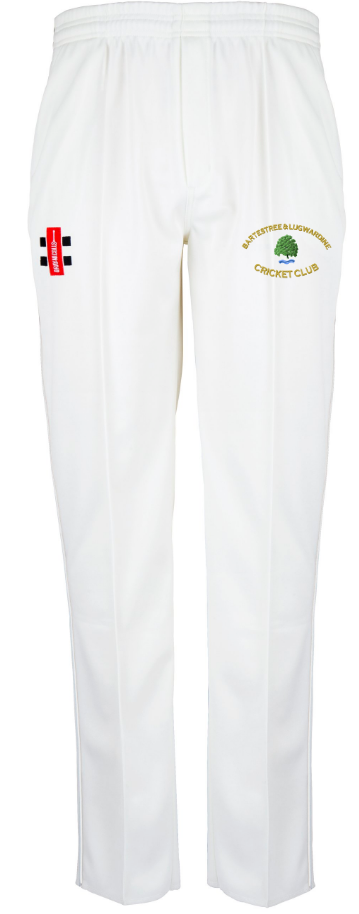 The Gray Nicolls Bartestree & Lugwardine CC Matrix V2 Cricket Trousers feature moisture-control fabric, a club logo on the right thigh, and a red and black patch on the left thigh in a modern tapered fit.