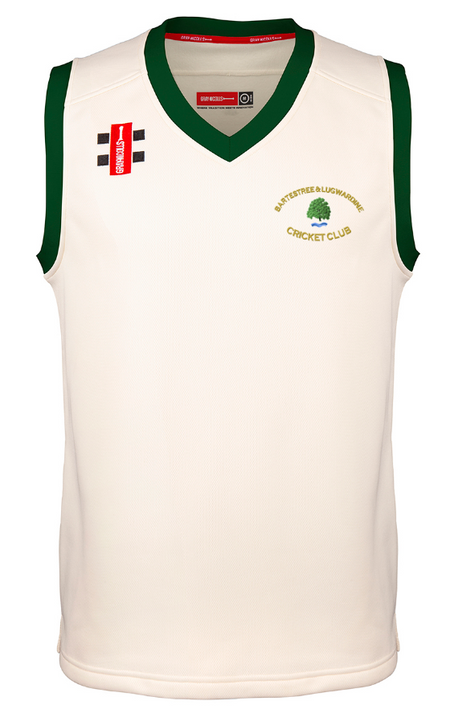 The Gray Nicolls Bartestree & Lugwardine CC Pro Performance Slipover is a sleeveless cream cricket vest with green trim on collar and armholes, club tree logo and text on left chest, plus red and black sponsor logos on the right. Lightweight sportswear.