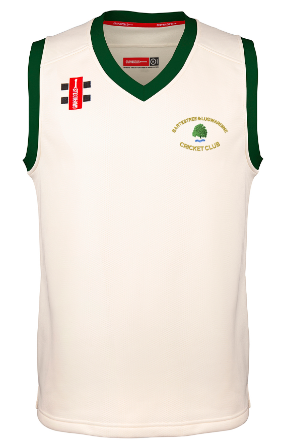 The Gray Nicolls Bartestree & Lugwardine CC Pro Performance Slipover is a sleeveless cream cricket vest with green trim on collar and armholes, club tree logo and text on left chest, plus red and black sponsor logos on the right. Lightweight sportswear.