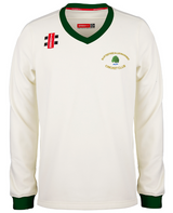 The Gray Nicolls Bartestree & Lugwardine CC Pro Performance Sweater is a cream long-sleeved cricket sweater with green collar and cuffs, the club logo on the left chest, and two rectangular patches on the right shoulder.