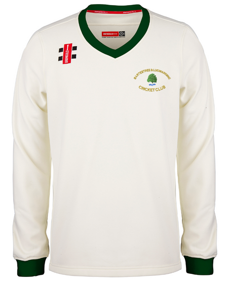 The Gray Nicolls Bartestree & Lugwardine CC Pro Performance Sweater is a cream long-sleeved cricket sweater with green collar and cuffs, the club logo on the left chest, and two rectangular patches on the right shoulder.