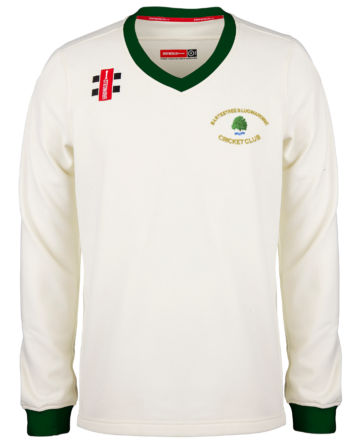 The Gray Nicolls Bartestree & Lugwardine CC Pro Performance Sweater is a cream long-sleeved cricket sweater with green collar and cuffs, the club logo on the left chest, and two rectangular patches on the right shoulder.