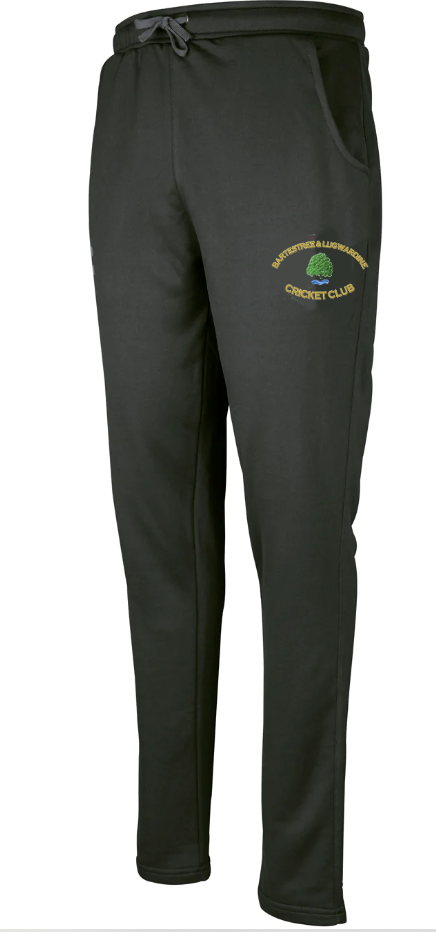 Gray Nicolls Bartestree & Lugwardine CC Pro Performance Training Trousers are black, with a tailored fit, drawstring waist, two side pockets, and an embroidered club logo featuring yellow-green details and a tree on the upper left thigh.