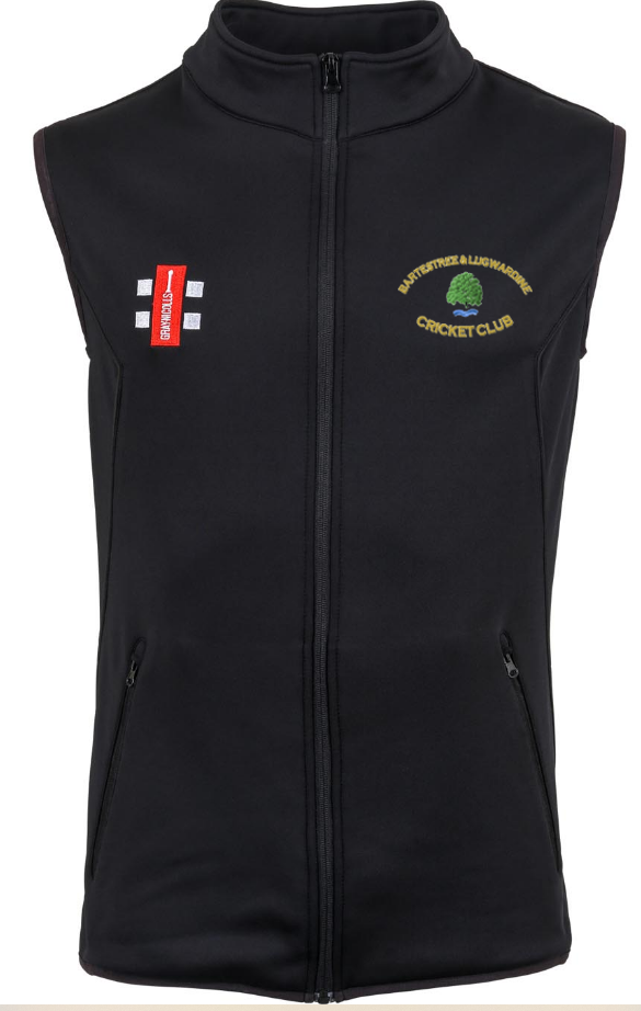The Gray Nicolls Bartestree & Lugwardine CC Black Storm Bodywarmer features a sleeveless micro-fleece design with the club logo and tree embroidered left chest, and a red patch with white cricket stumps on the right chest.