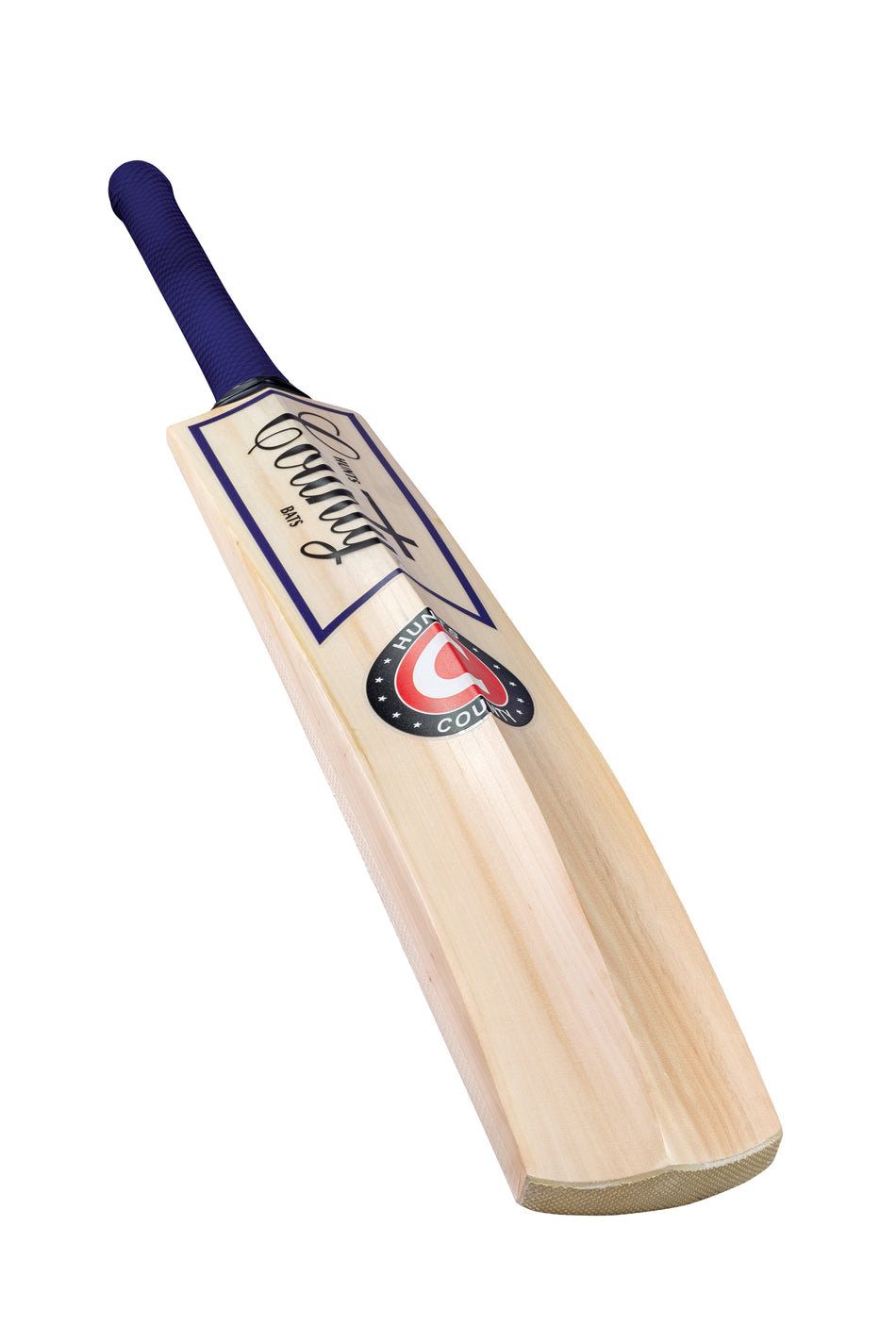 The Hunts County Envy Stealth SH Cricket Bat by Hunts County features a reinforced blade, blue handle grip, and prominent front logos and labels, shown against a white background.