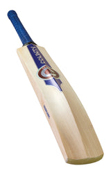 The Hunts County Reflex Senior Cricket Bat by Hunts County features English Willow, a blue grip, and a blue and silver sticker. This bat is displayed against a white background.
