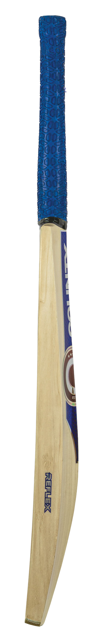 The Hunts County Reflex Limited Edition Junior Cricket Bat, made from English willow with a blue textured grip and branded stickers, stands upright against a white background.