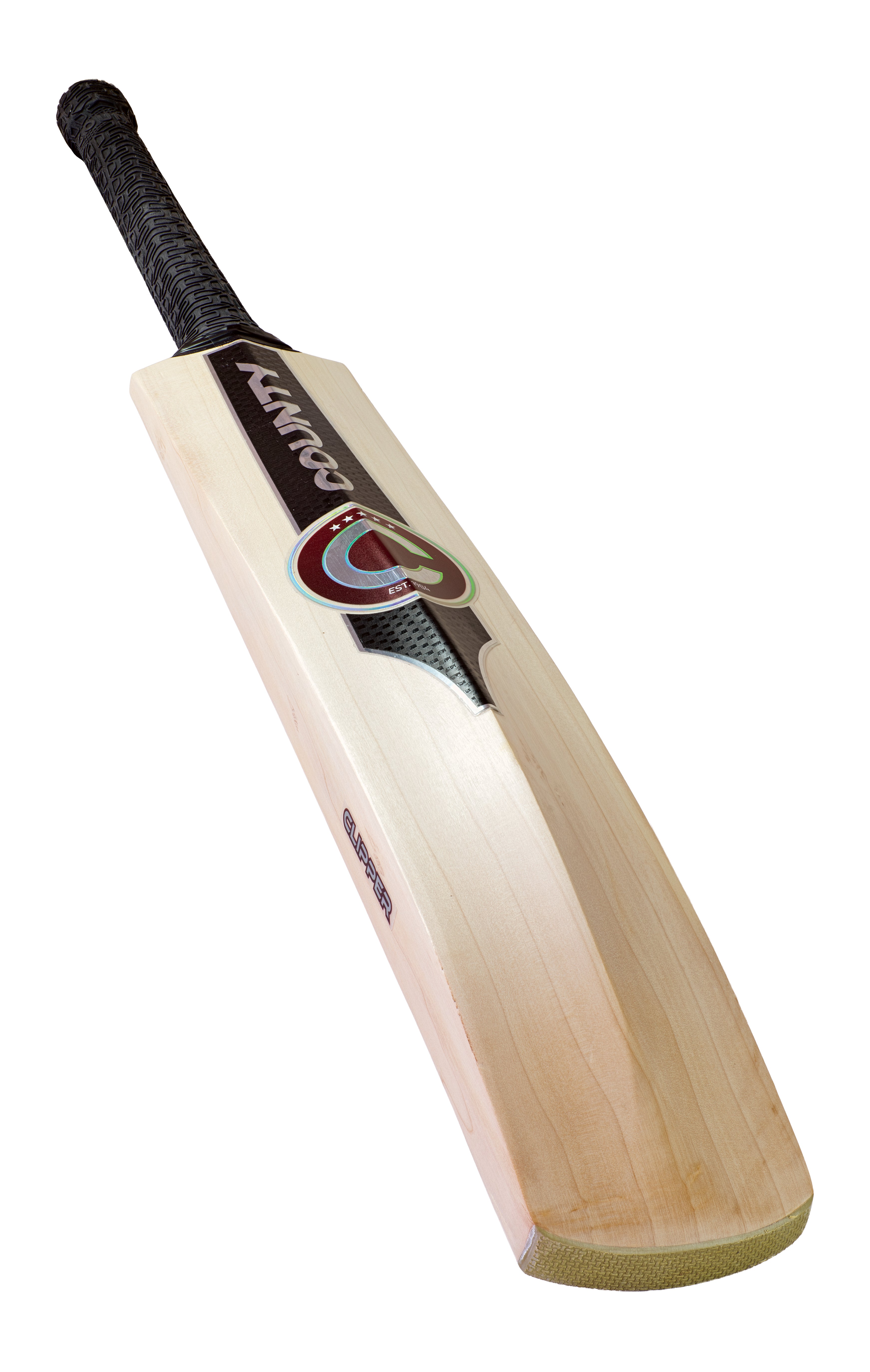 The Hunts County Clipper Senior Cricket Bat by Hunts County, crafted from premium English willow, features a black handle and branded sticker, and is shown on a white background.