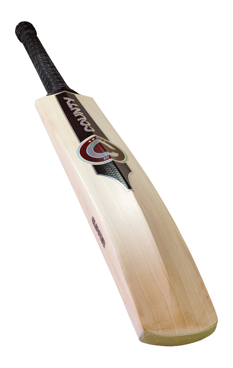 The Hunts County Clipper Senior Cricket Bat by Hunts County, crafted from premium English willow, features a black handle and branded sticker, and is shown on a white background.